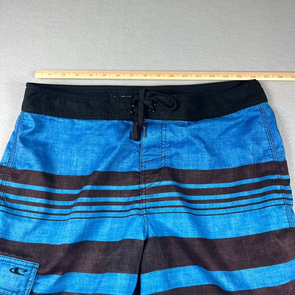 ONeill Mens Blue Black Striped Board Shorts Swim Trunks Size 34 Cargo Pocket